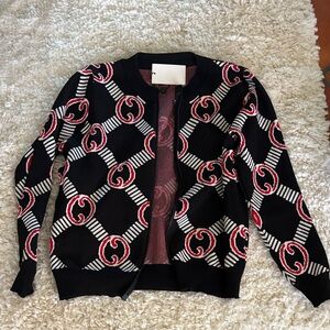 Gorgeous Black Cardigan with Red & White Chain Motif